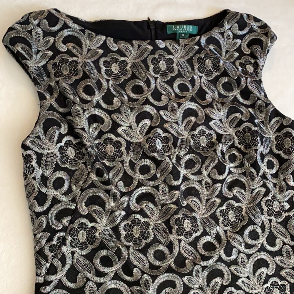 {NWT} Lauren Ralph Lauren | Metallic Embroidered Sheath Dress Black Pewter 12 - Picture 3 of 16